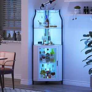 Corner Wine Cabinet with Removable Wine Rack, Industrial Wine Cabinet with Glass Holder and Mesh Door, Liquor Coffee Bar Cabinet with Adjustable Shelves