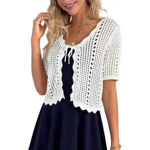 Women Crochet Shrug Sweater Tie Front Knit Bolero Shrug for Dress Short Sleeve Cropped Cardigan