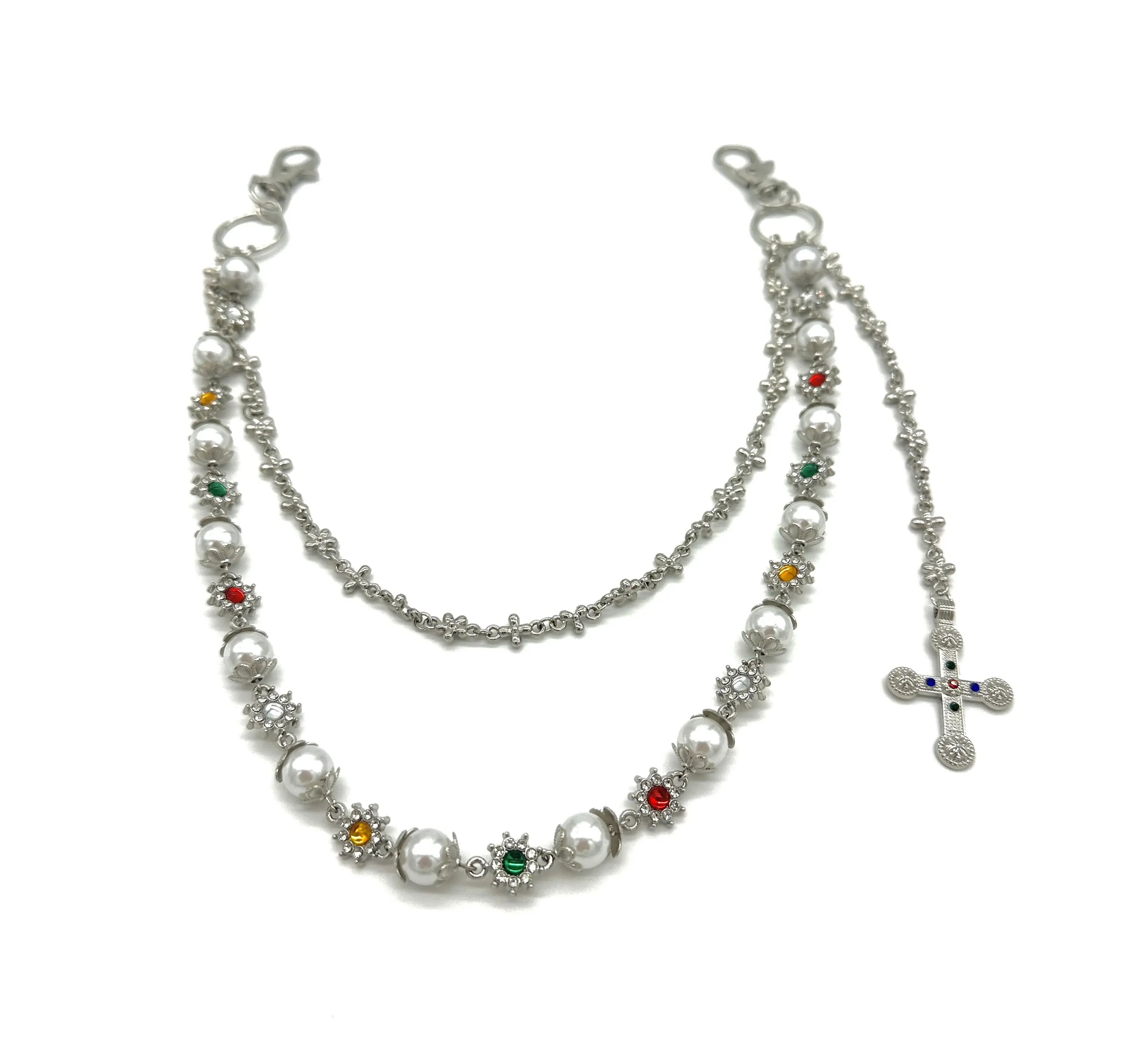 Stylish Unisex Multi-Layer Round Colored Rhinestone Body Pant Chain Jean Chain with Pearl and Cross Charms