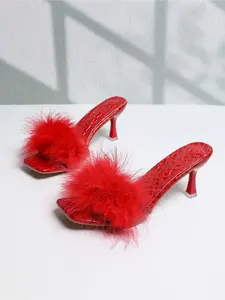 Sexy Feather High Heel Mules, Thin Heel Open-toe Slides, Elegant Party Fur Slippers for Women