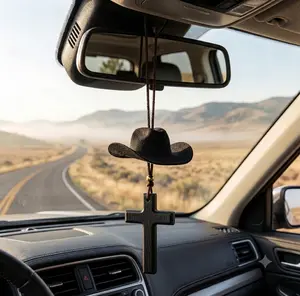 Rhinestone Cowboy Hat & Black Cross Car Charm Rearview Mirror Pendant Interior Hanging Decor for Trucks & SUVs