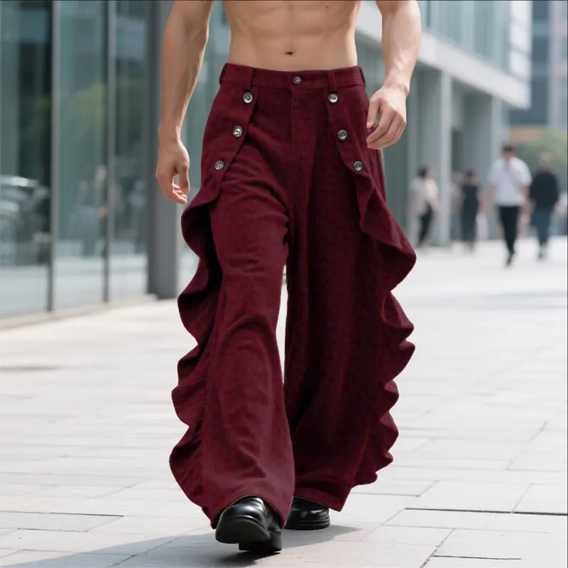 INCERUN Men's Fashion High-Waist Retro Style Wide-Leg Tiered Ruffle Pants - Gender-Neutral Polyester Culottes with Dance-Floor Sway for Dance, Nightclub