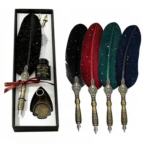 Vintage Feather Pen and Ink Set, Calligraphy Pen Set with 2 Replaceable Nibs, 1 Bottle of ink & Pens Holder, Classic Series Goose Quill Pen with Carving Pens Stand, Writing Gift for Writer (Navy)