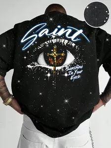 Men's Casual Short Sleeve T-Shirt, Full Print Starry Glitter Background, Saint Graffiti, Cross Eye Print, Comfortable Silver Color Fabric