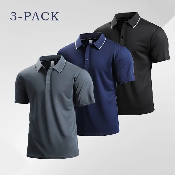 Men's 3-Pack Short Relaxed Comfortable Breathable Lightweight Polo Shirts - Quick-Dry Moisture-Wicking Fabric, Color-Block Collars, Ideal for Golf, Work