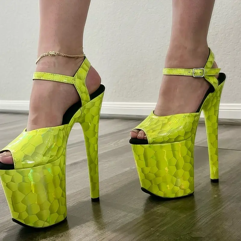 8" Heels for Professional Pole Dancers - Neon Yellow Platform Shoes with Black Trim and Ankle Strap Design