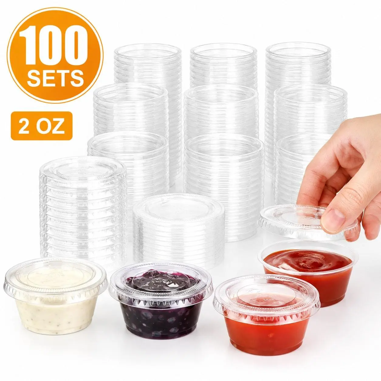 100 Sets Of 2 Oz Covered Plastic Sauce Cups, Salad Sauce Containers For Pre-Meal Preparation, Portion Control Plastic Condiment Cups, Suitable For Ketchup, Blueberry Sauce, Hot Sauce, Durable Plastic, Leak-Proof Design, Reusable. Essential For Family