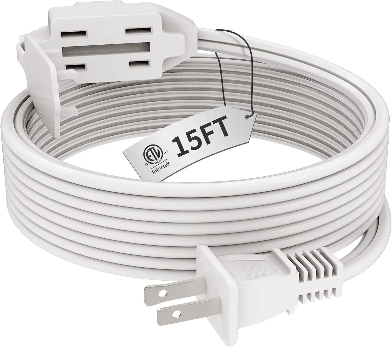 Indoor White Extension Cord 15 , 3-Outlet Household Extension Cord, 2 Prong, 16 Gauge, 3 Polarized Outlets with Safety Cap Protect for  Office, 16/2 SPT-2 ETL Listed