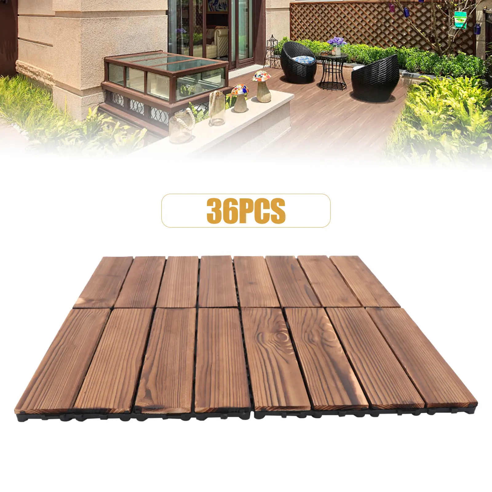 36PCS 12in x 12in Hardwood Interlocking Patio Deck Tiles, No-Glue DIY Flooring with PE Backing, Waterproof Anti-Mold Set for Indoor, Terrace, Garden, Living Room, Pool Use, Pools