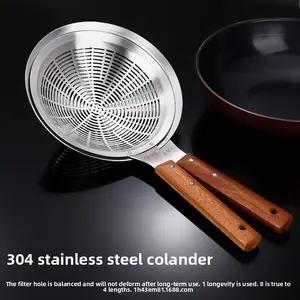 304 stainless steel strainer, enlarged solid wood handle, thickened large strainer, filter spoon, kitchen household noodles, dumplings Utensils Wooden Basket Draining Skimmer