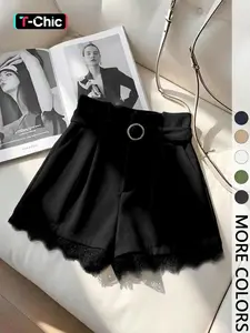 Valentine's Day Women's Elegant Chic Summer Casual Wear Shorts with Belt, Fitted Solid Color Shorts with Contrast Lace Trim, Fashion Versatile Style, Lady, Womenswear
