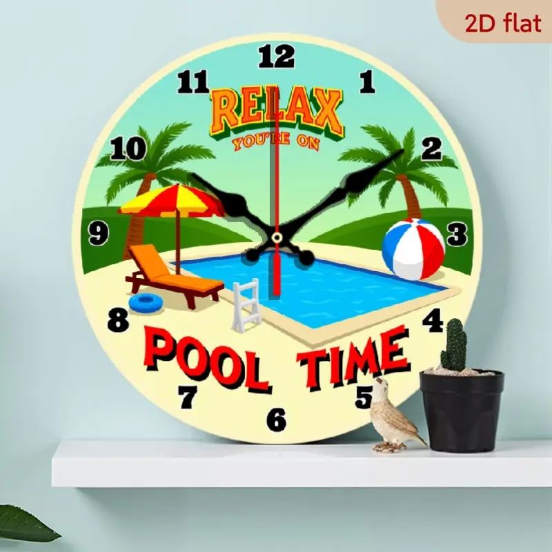 Relax Pool Time Print 10 inch wooden clock, for offices, outdoor, home decoration, living rooms, kitchens, bedrooms, Art Hanging Clocks Silent Non-Ticking Wall Clock, Battery Operated (AA Batteries Not Included), 2D Flat