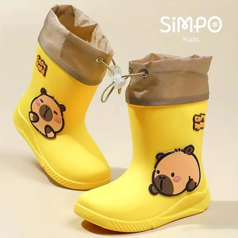 NewYoungsters Cute Capybara Rain Boots High Quality PVC Mid Calf Water Shoes Adjustable Drawstring Non Slip Durable Sole Breathable Fabric Lining EVA Insole Perfect for Boys Girls All Season Outdoor Play Daily Wear