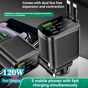 120W Fast Retractable Car Charger with 2 USB Type-C Cables - Plug, Battery-Free, Car Charging Solution | Compact Charger | Retractable Cable, Fast Charging for Vehicles