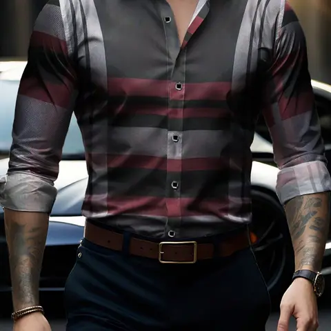 Men's Long Sleeve Casual Striped Fitted Button Front Collared Shirt, Fashion Simple Design, Perfect for Dating & Social Events, Ideal for Spring Summer Autumn Seasons Cs215