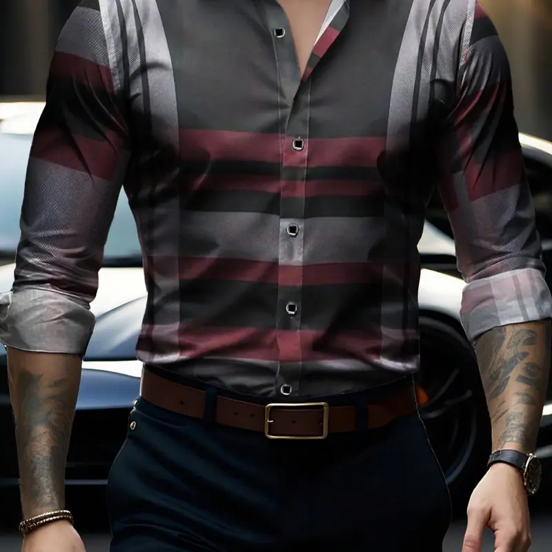 Men's Long Sleeve Casual Striped Fitted Button Front Collared Shirt, Fashion Simple Design, Perfect for Dating & Social Events, Ideal for Spring Summer Autumn Seasons Cs215