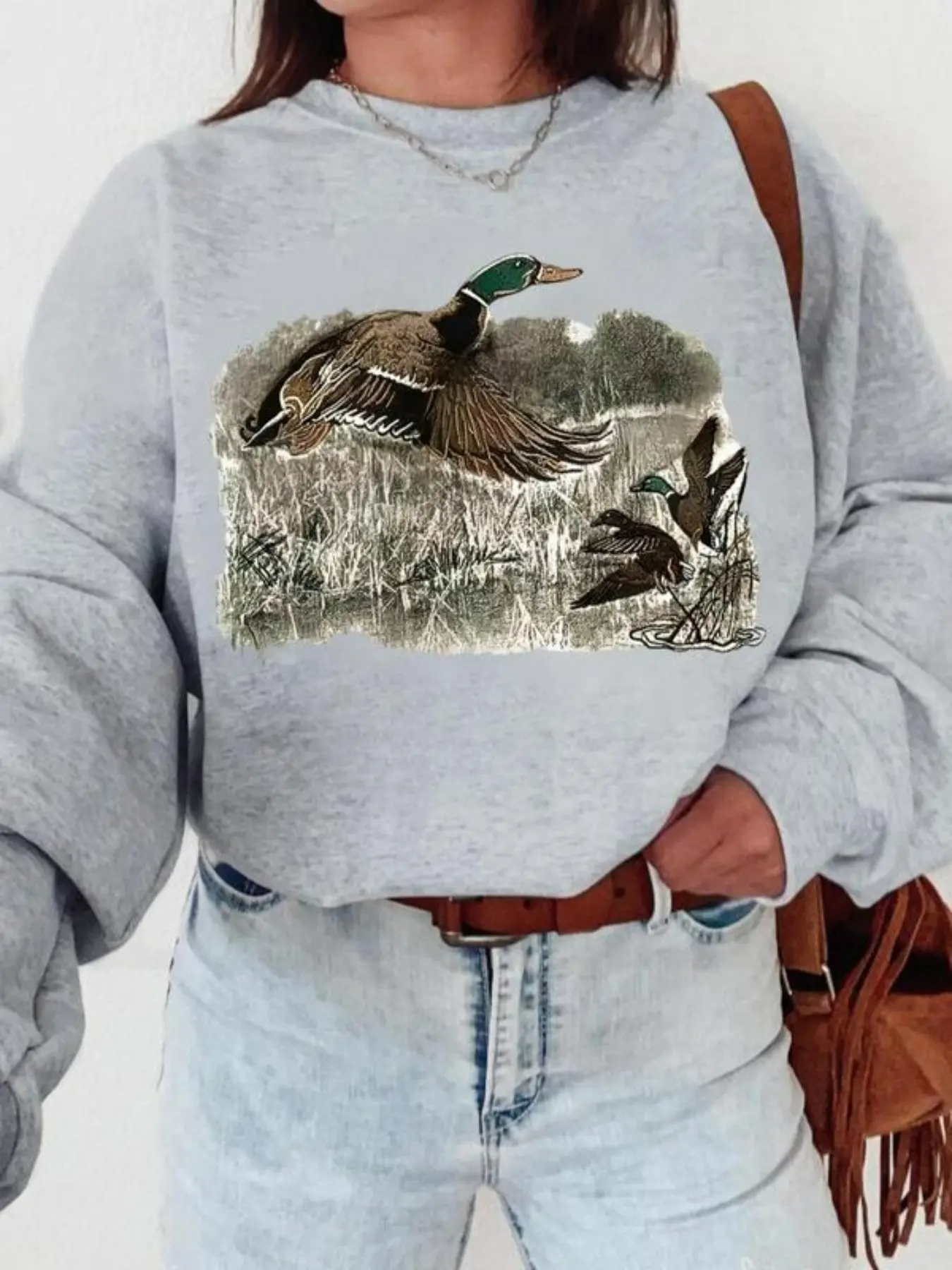 Women's Casual Fitted Crewneck Long Sleeve Pullover Sweater, Duck Print Knit Top Knitwear for Fall & Winter, Stylish Daily Wear Women's Clothing