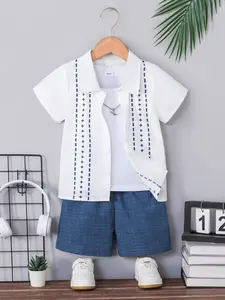 Summer New Boys' 2-Piece Set, Button-Down Short Sleeve Shirt & Solid Shorts, Breathable Fabric, Perfect for Vacation & Home Leisure, Matching Set