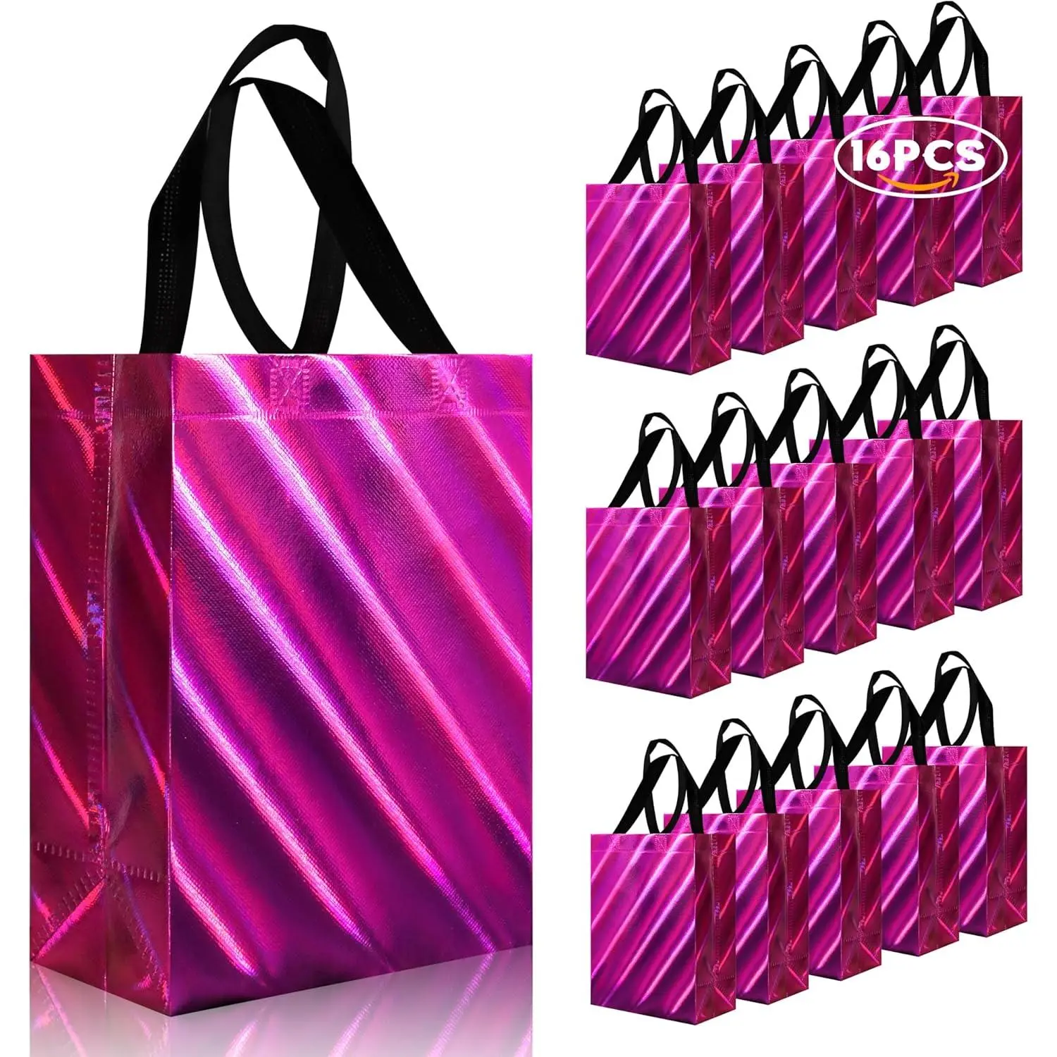 cabzymx 16 Pcs Holiday Gift Bags Bulk, Hot Pink Reusable Gift Bags with Twill Laser, Unique Non-woven Goodie Bags for Birthday, Wedding, Valentines, Parties, Easter- 12.6x34.7x11 In