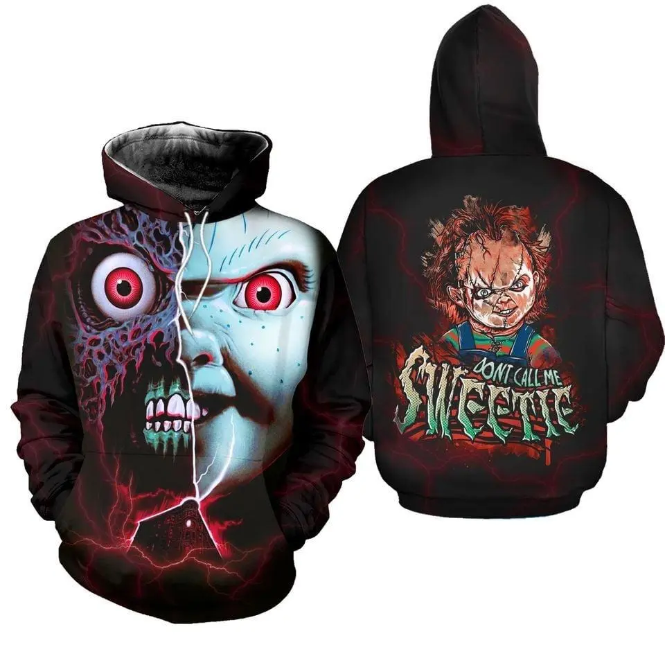 Halloween Chucky 3D All-Over Print Hoodie – Horror Movie Hooded Sweatshirt, Scary Halloween Pullover, Spooky Gift for Men & Women