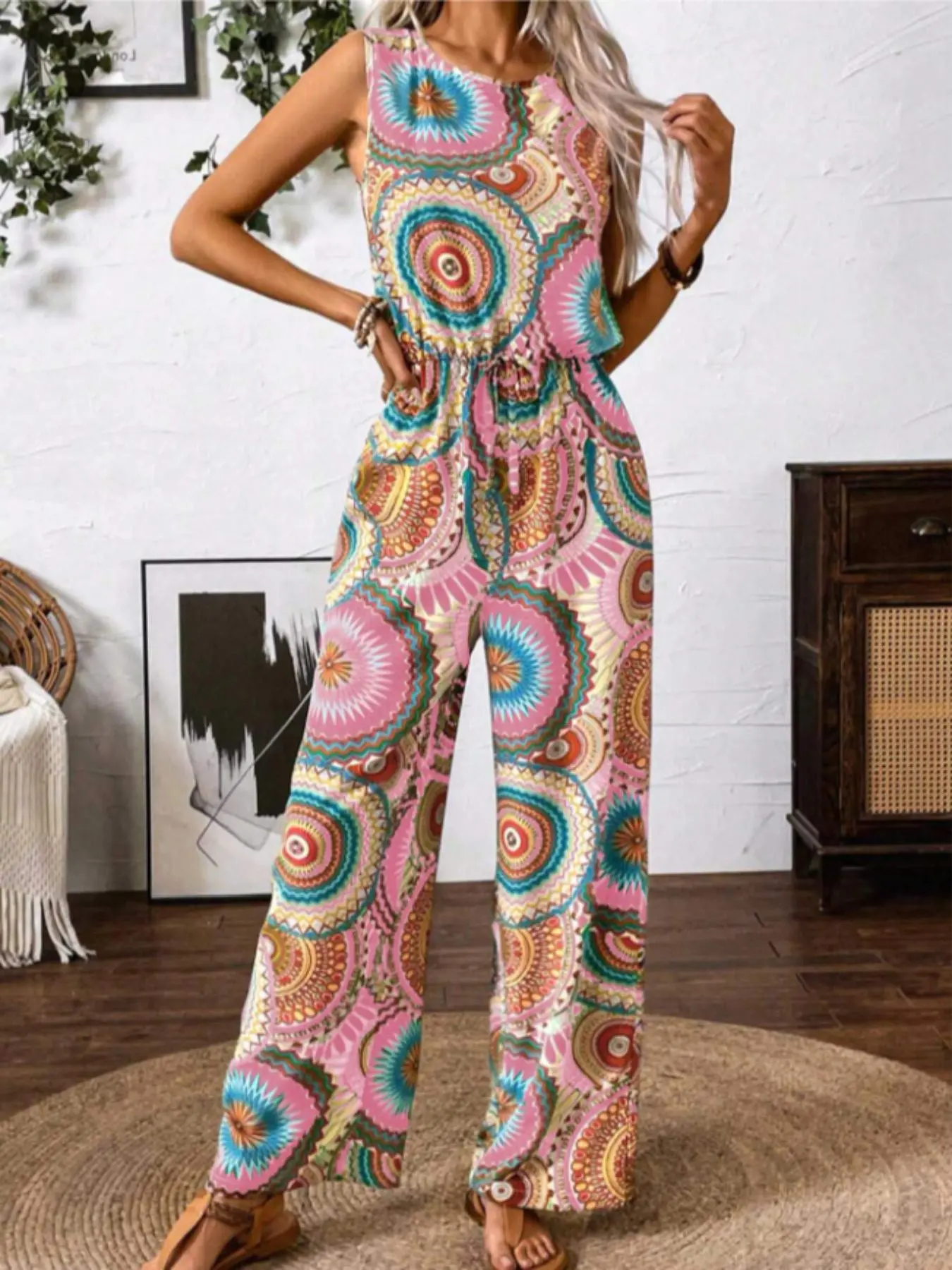 Ethnic Style Casual Bohemian Boho Colorful Print Sleeveless Romper Women, Round Neck Waist Cinch Loose Wide Leg Pants, Summer Beach Vacation Long Pants