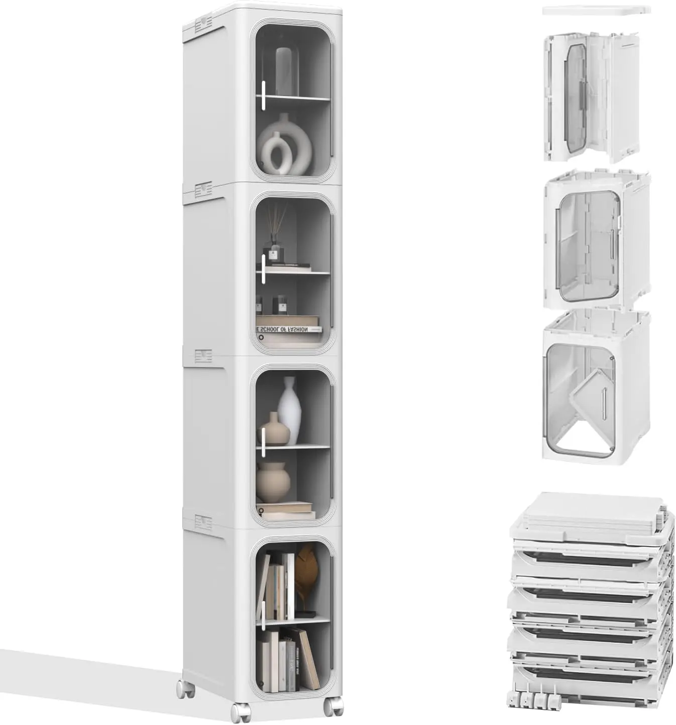 4-Tier (White) Space-Saving Multi Layer Cabinet with Roller Base, Slim Adjustable-Shelf Storage Organizer for Small Kitchen & Bathroom Spaces