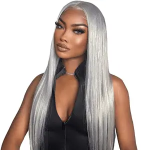 Silvery Grey Lace Front Wigs Silky Straight Gray Virgin Hair 13x4 HD Transparent Lace Frontal Glueless Wig For Women Silver Human Hair Wigs Pre Plucked With Baby Hair