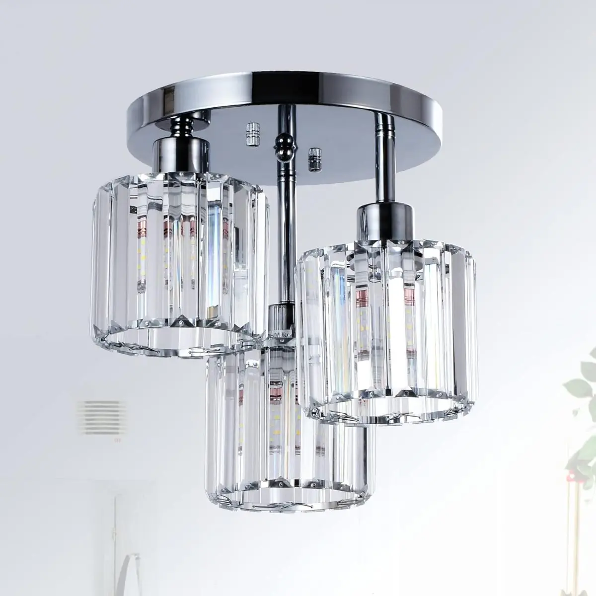Silver 3-Light Semi Flush Mount Ceiling Light with Clear Crystal Shades E26 Dimmable Modern Elegant Fixture for Kitchen Hallway Entryway Bedroom Bathroom Foyer
