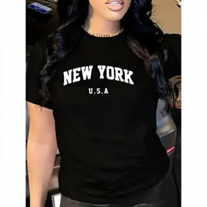 Women's Streetwear Short-Sleeve Tshirt - "New York USA" Letter Print, Soft Polyester Blend, Round Neck, Semi-Sheer Knit Fabric, Full Cut, Machine Washable, Everyday Casual Chic Top