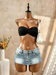 Solid Color Ruched Strapless Wrap Top, Women's Sexy Summer Basic Short Sleeve Top, Casual Fashion Clothing for Daily Wear