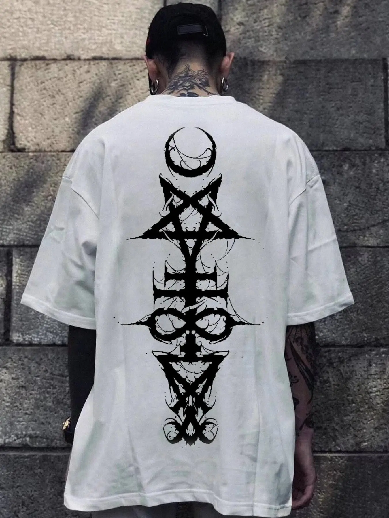 Men's short-sleeved Bold Statement Casual Street Style Graphic Streetwear T-shirts printed with Satanic symbols, Luciferian symbols, inverted pentagrams, and evil motifs.