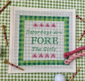 Golf Needlepoint - Fore Women's Golf Canvas with Gingham + Azaleas | Hand-Painted | Masters