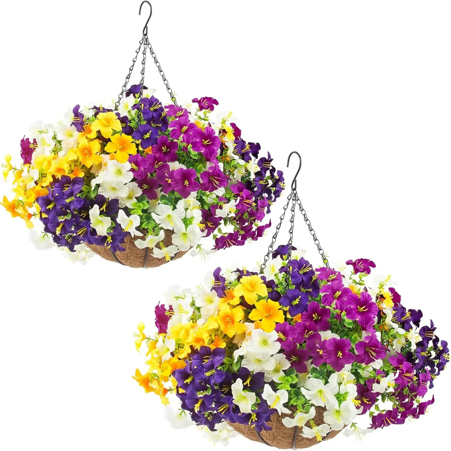 2 sets of artificial outdoor flowers with hanging baskets, containing 24 UV-resistant synthetic petunias in hanging pots. Ideal for spring outdoor decoration on the front porch. (2 sets available in white, yellow, purple, and magenta.)