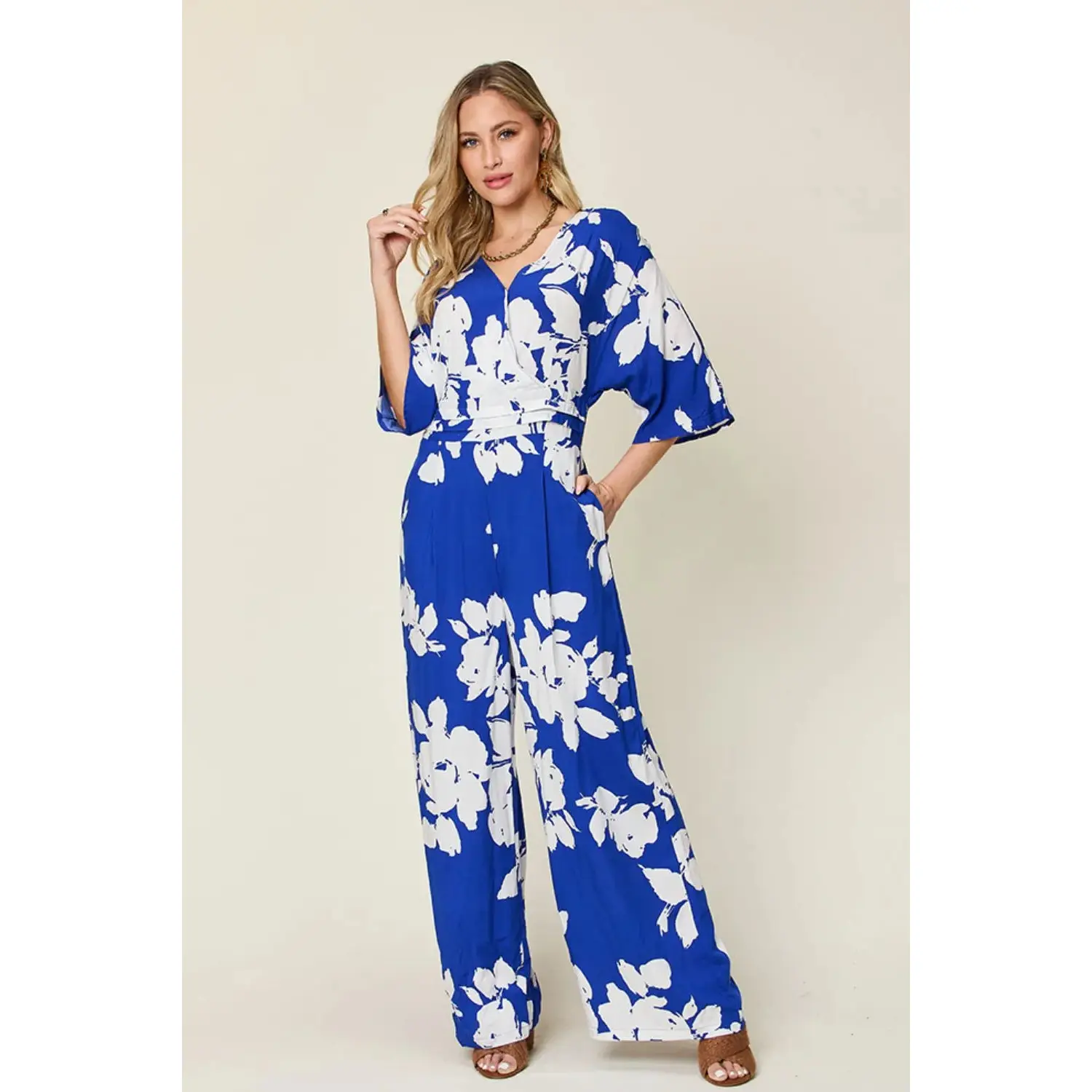Double Take Full Size Printed Tie Back Wide Leg Jumpsuit