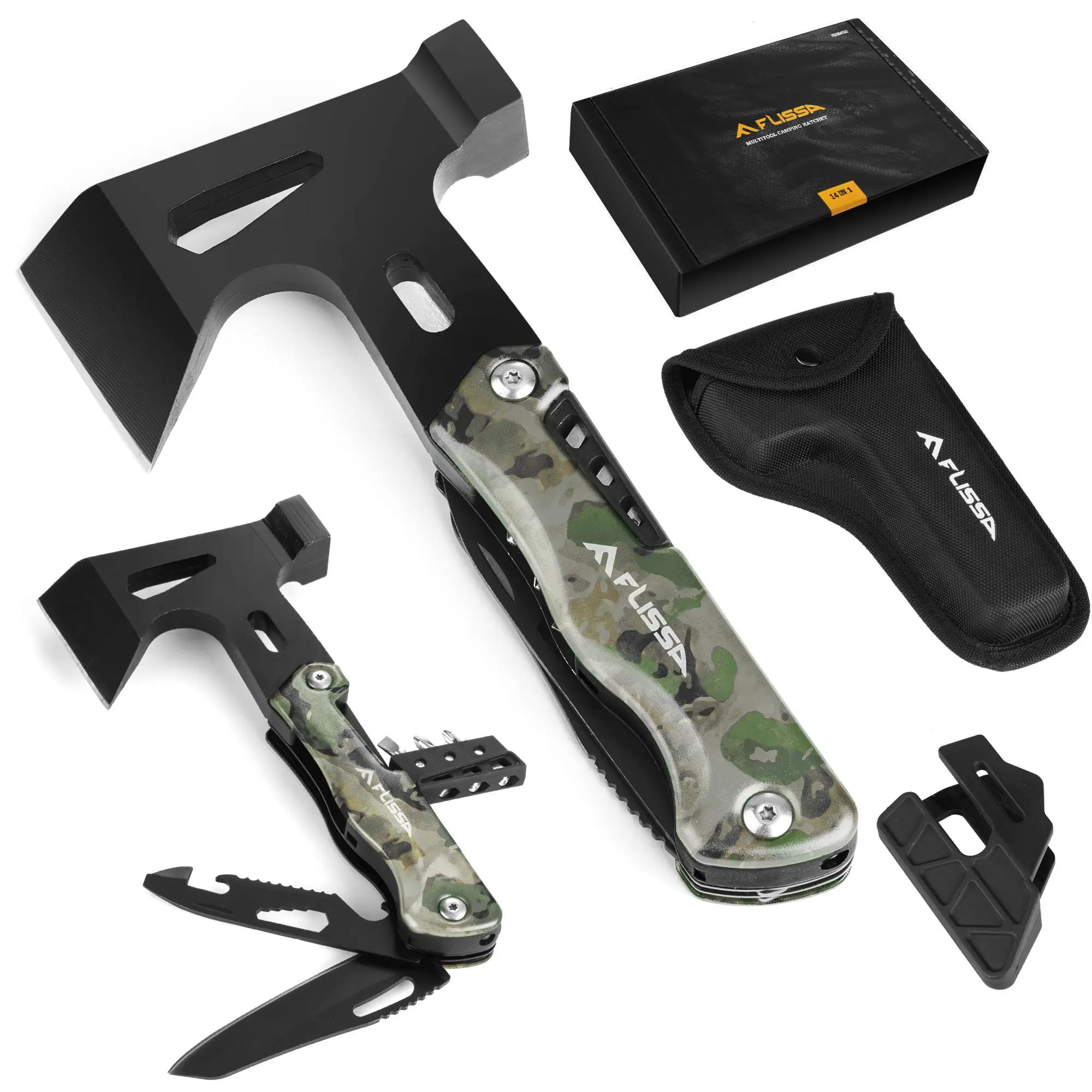 #summersale FLISSA Camping Axe Hammer Multitool, Hatchet Multi Tool Camo Stainless Steel, EDC Hiking Survival Multi Function Tool Pocket Knife with Sheath