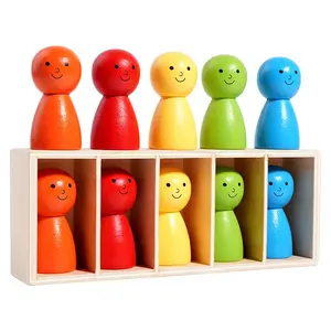Color Sorting Matching Game Guess Doll Wooden Box, 5 Colors Wooden Block Interactive Logic Focus Preschool Learning Tool Toy for Kids Ages 3-6, Perfect Gift for Children