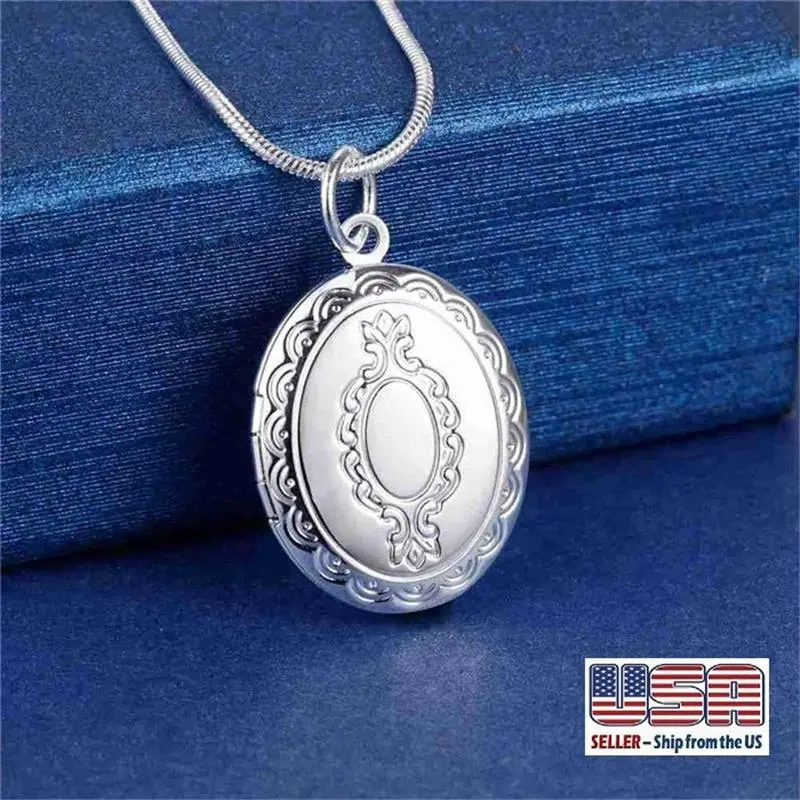 925 Sterling Silver Children Adult Oval Photo Locket Pendant Necklace 18" N15