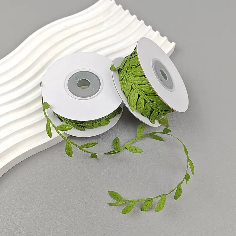 Olive Green Leaf Ribbon Trim - 1 Piece Polyester Fabric Ribbon Artificial Vine Lace Garland for DIY Craft, Sewing Projects, Home Decor