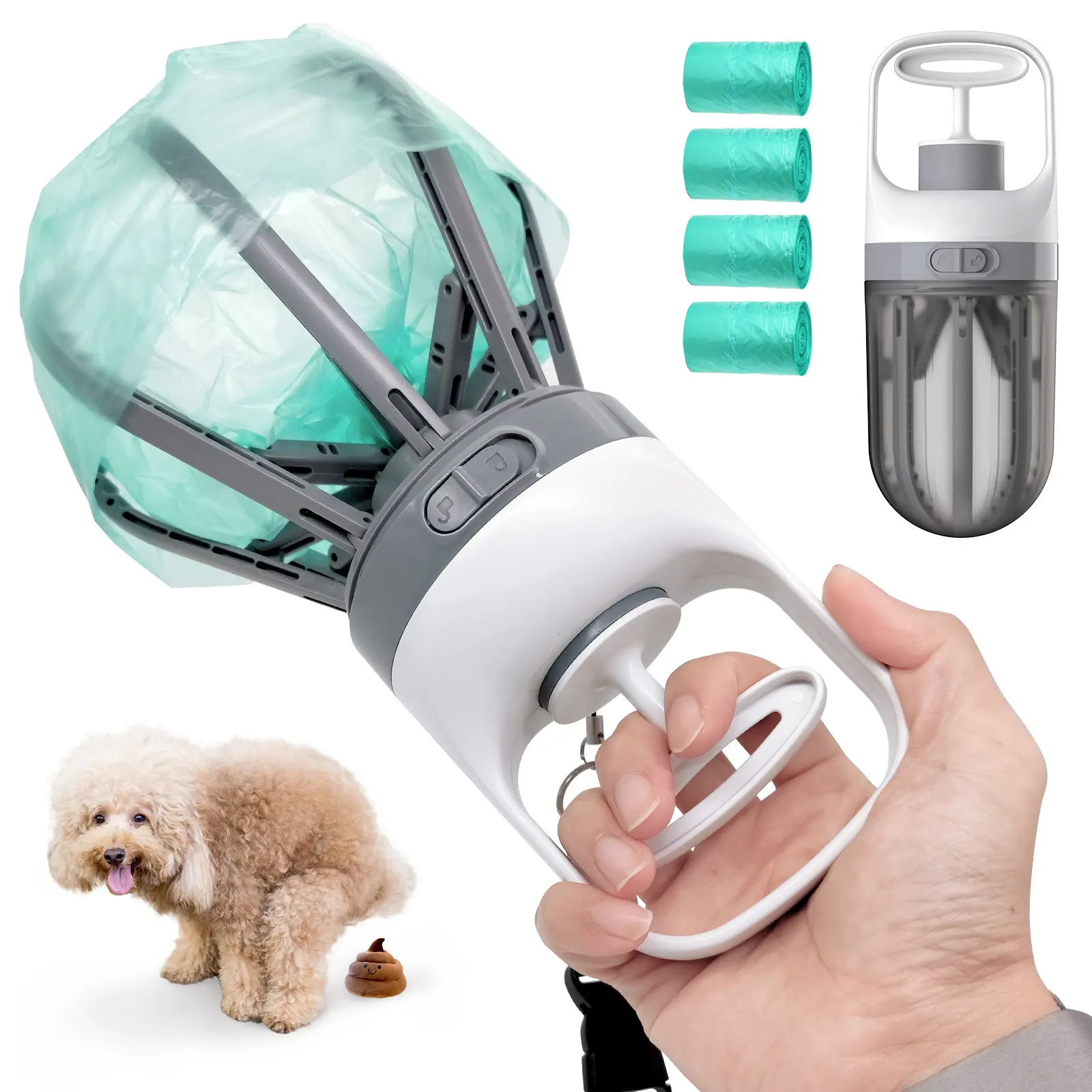 LIVEKEY Portable Dog Pooper Scooper - 2-in-1 No-Touch Handheld 360° Claw Sweep Tool with Built-in Waste Bag Dispenser, Odor Seal, 1.21 lbs, 10.12x3.9x3.86in, Lightweight for Outside Gravel/Grass/Concrete Surfaces, Keeps Waste Clean