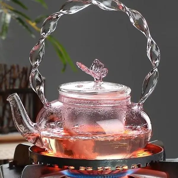 H03. Pink Butterfly Floral Glass Teapot & Cup Set • Home Tea Maker for Electric Stoves