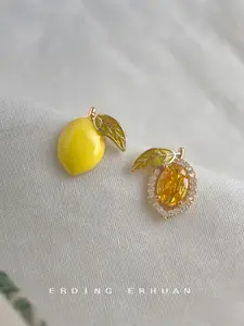 Summer Lemon Earrings, Unique Designer Elegant Fashionable Silver Color Studs with Micro Zirconia, Handmade Asymmetric Fruit Ear Piercings Jewelry