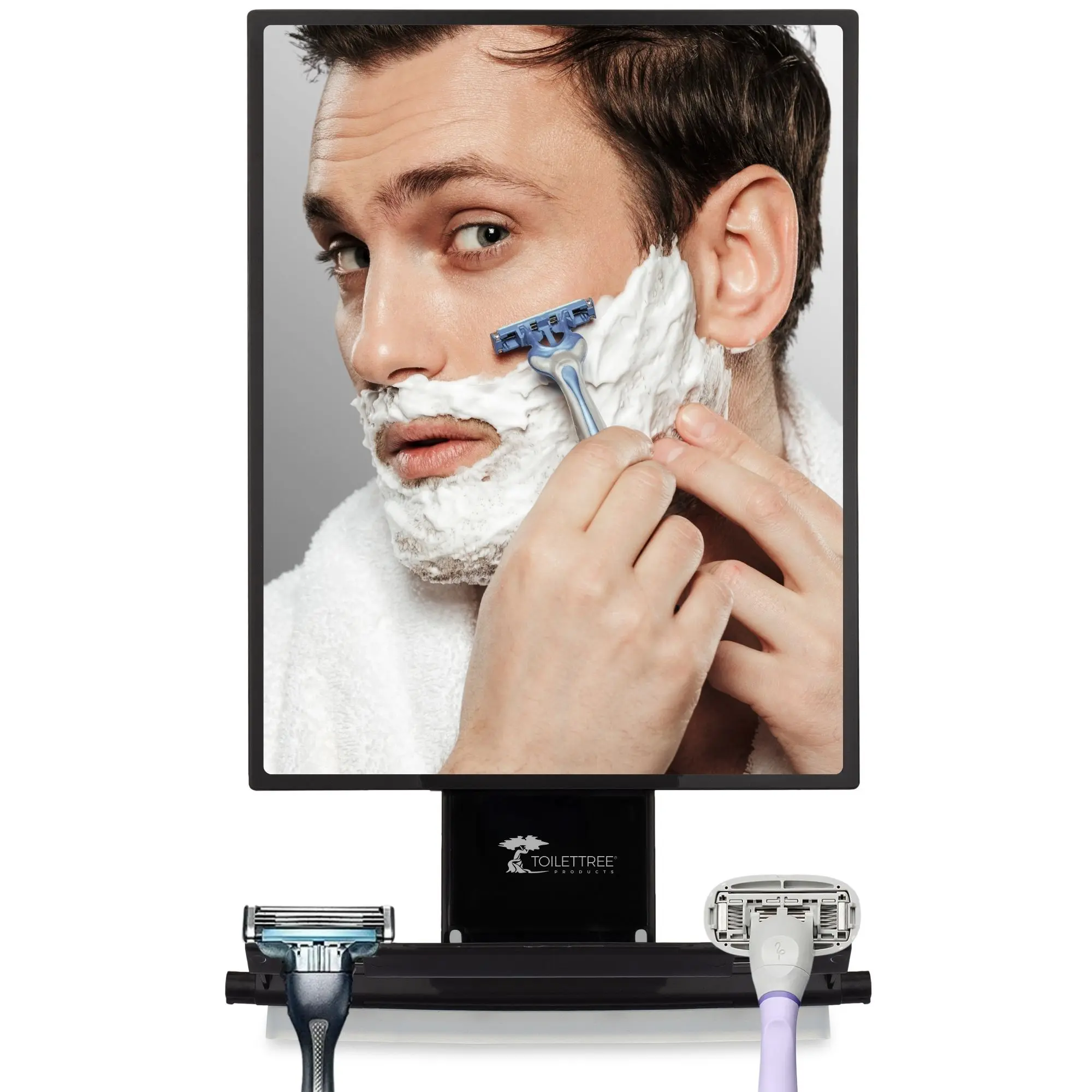 Tall Fogless Shower Mirror – Black | Anti-Fog Hot Water Reservoir, Wide Viewing Area, Adjustable Tilt, Tool-Free Install, Shatterproof Build, Sleek Modern Design, Squeegee Included – Ideal for Shaving, Grooming & Skincare in the Shower