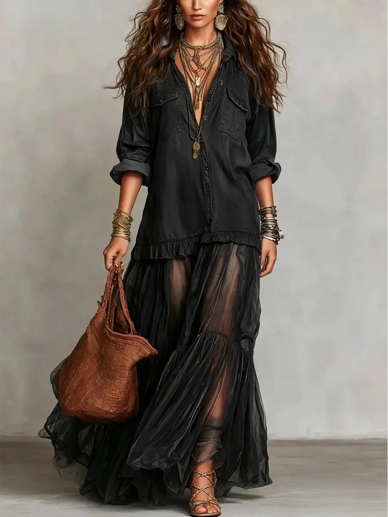 Women's Vintage Denim-Look Long Sleeve A-Line Maxi Dress, Casual Womenswear