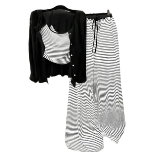 【Plus-Size】 Women’s Solid-Color Knit Cardigan Striped Tank Top Wide-Leg Pants Three-Piece Set—Fashionable and Comfortable for Summer, Slim-Fit Loungewear/Daily Wear Suitable for Casual Outings and Commuting; A Comfortable, Stylish Plus-Size Outfit.