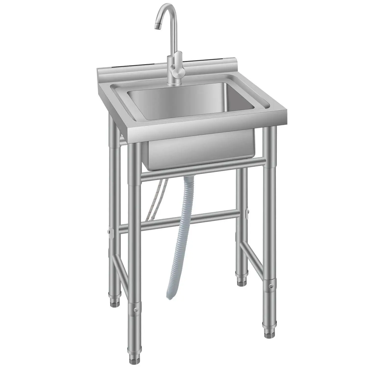 Heavy-Duty Freestanding Stainless Steel Utility basin – Single Deep Bowl with Hot & Cold Faucet, With/No Storage Shelf – Commercial Restaurant Kitchen, Laundry, Garage, Outdoor Use