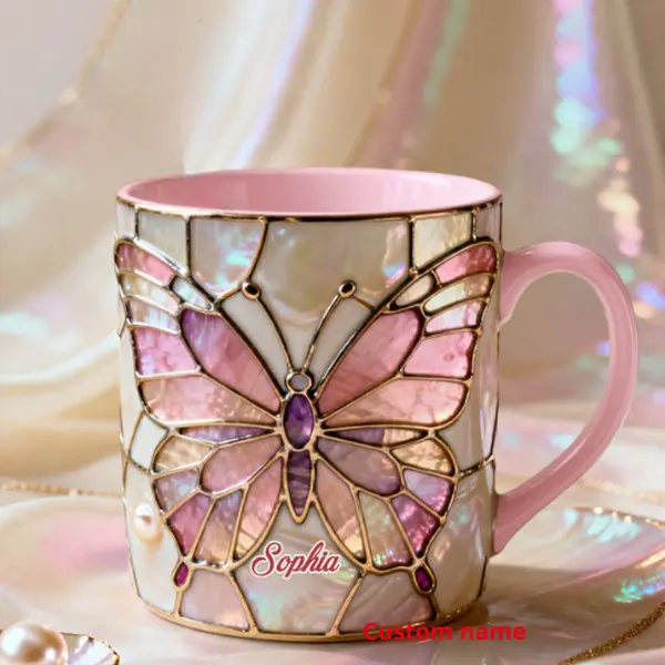 Butterfly Stained Glass Mug Personalized Name, Custom Pink Butterfly Coffee Cup for Women, Iridescent Aesthetic Ceramic Accent Mug, Unique Mother’s Day Birthday Gift for Her Butterfly Lover 11oz 15oz
