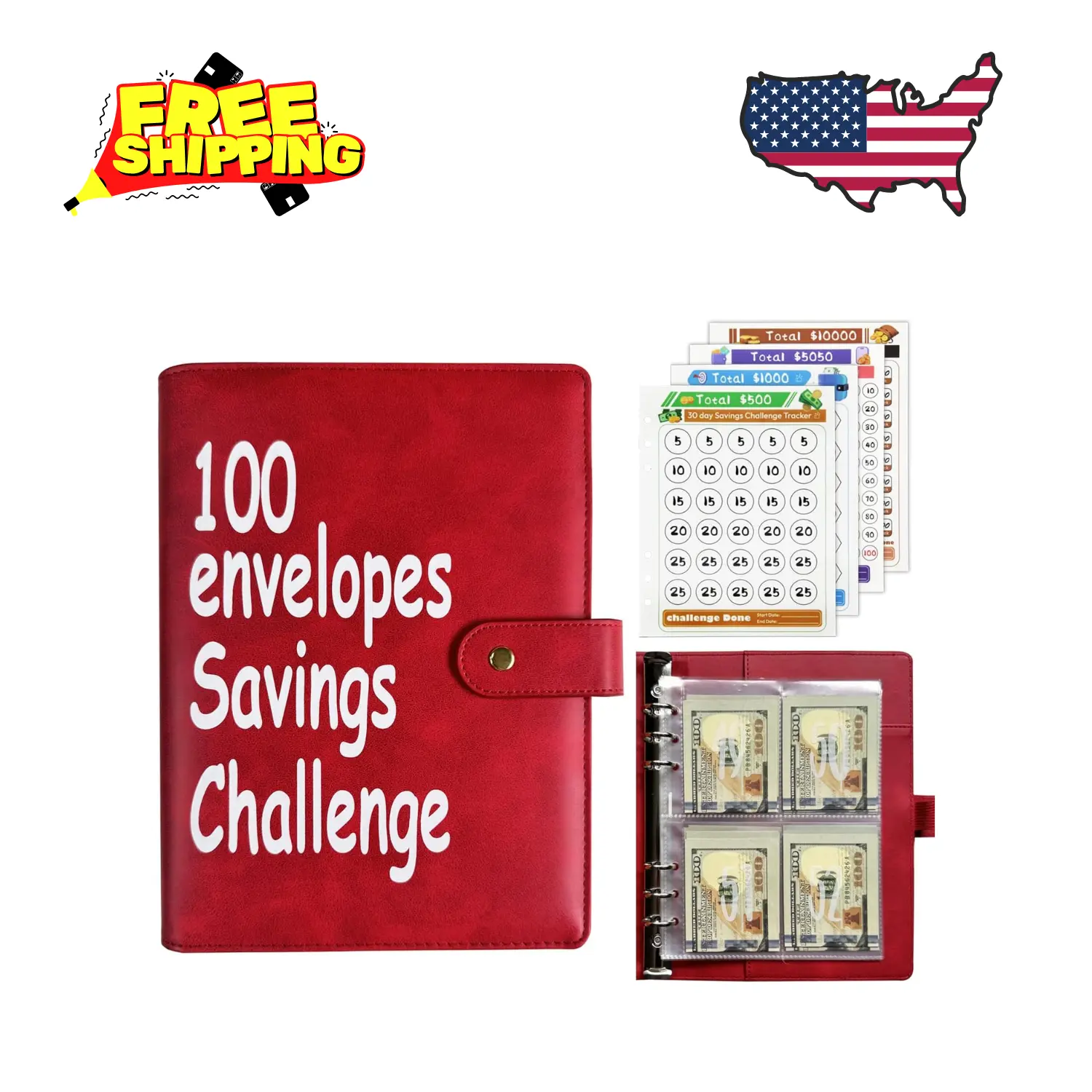 100 Envelopes Money Saving Challenge Binder (Red)