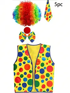 5-Piece Clown Costume Set, Polyester Shirt/carnival Wig/nose/bow Tie, Lightweight Breathable, Perfect for Christmas Carnival Circus Role-Playing Parties
