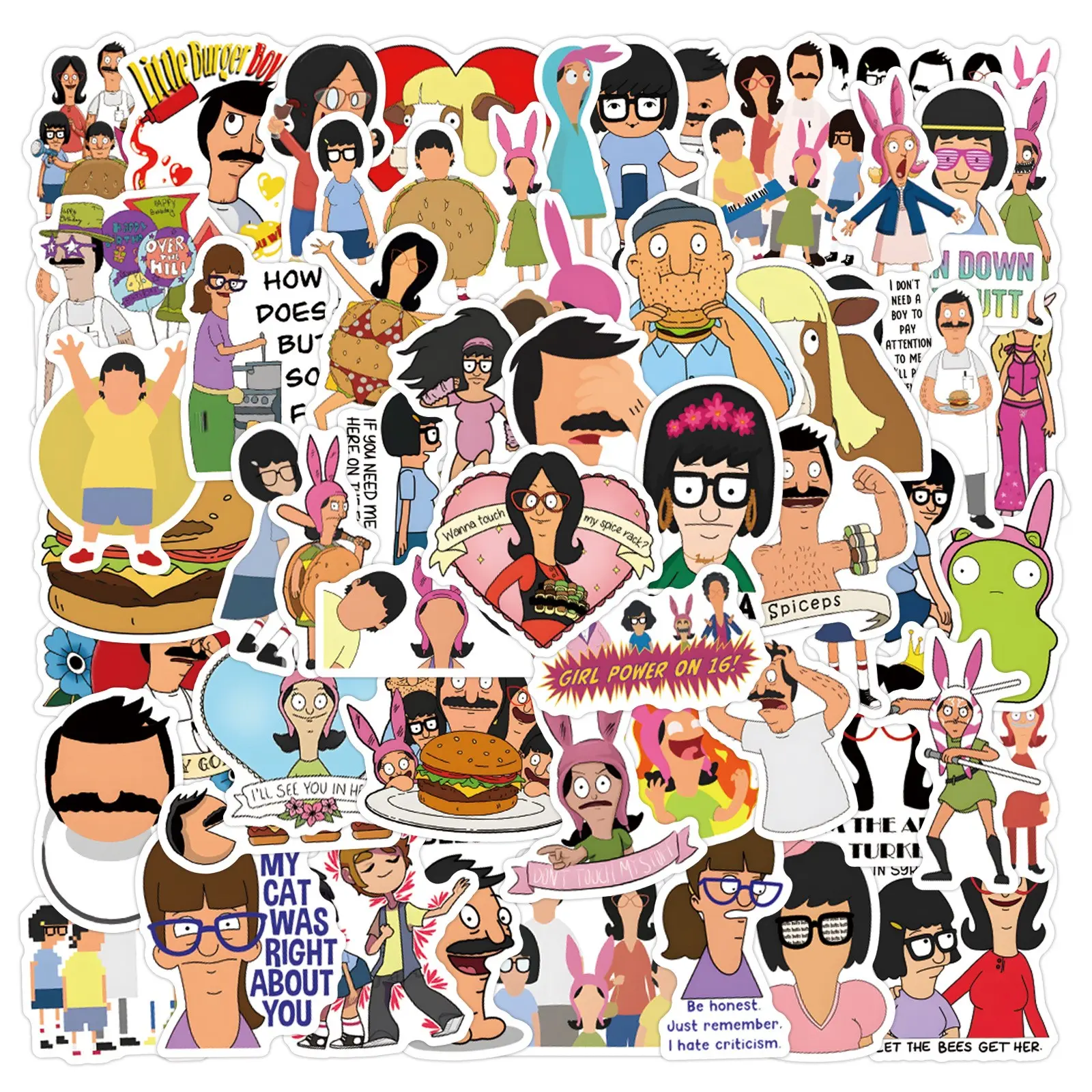 Bob's Burgers Sticker Pack (55-Count), Cartoon Graffiti Decals for DIY Phone Cases & Water Bottles, Fun Decoration Accessories