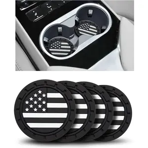 Car Cup Holder Coasters 4 Pack - American Flag 2.75 Inch Anti Slip Shockproof Drink Mat - Vehicle Interior Decor Accessories Black
